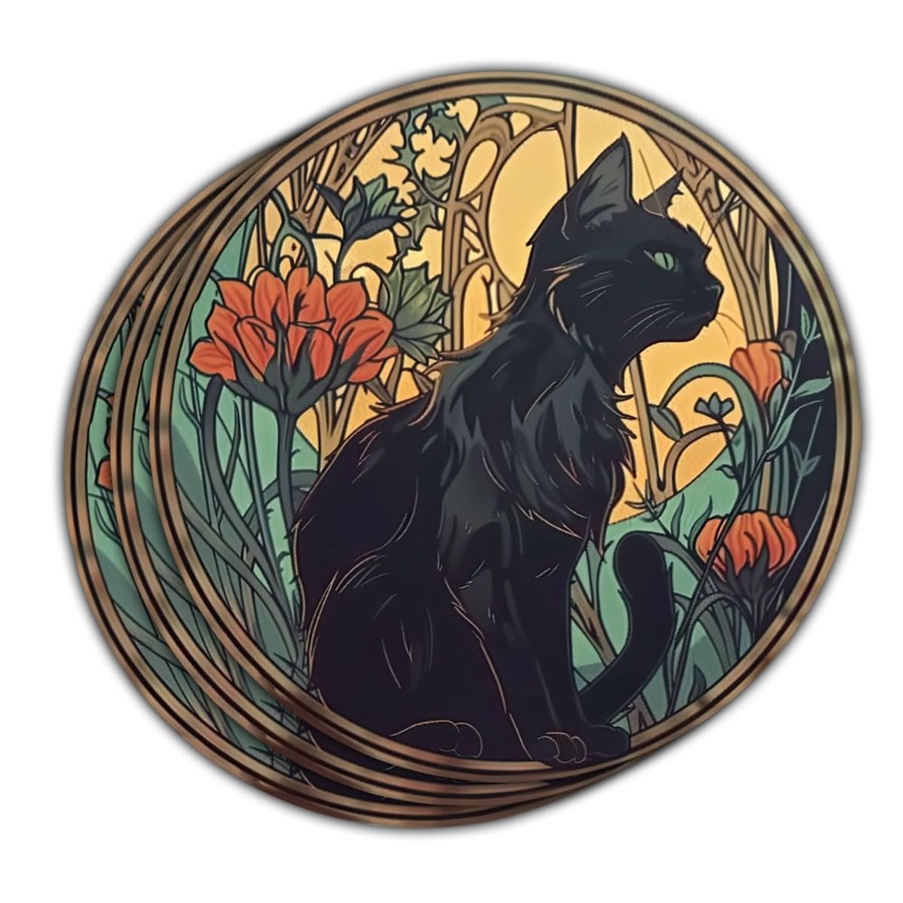 3 Pcs Black Cat Art Nouveau Sticker  Vintage Gothic Cat Illustration Vinyl Decal Waterproof for Laptop, Water Bottle, Notebook, Tumbler Gift for Meow Lovers, Witches, Aesthetic Fans (S1, 5 inch)