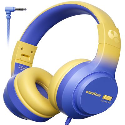 awatrue Kids Headphones, 74/85/94dB Volume Limiter, Foldable Wired Over Ear Headphones for Travel, 3.5mm Jack, Toddler Headphones for School, Chromebook, iPad, Tablet, Blue Yellow