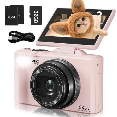 4K Digital Camera for Photography and Vlogging, YouTube Camera with 3" 180 Flip Screen, Autofocus, WiFi, 18X Zoom, Flash, 2 Batteries & 32GB SD Card