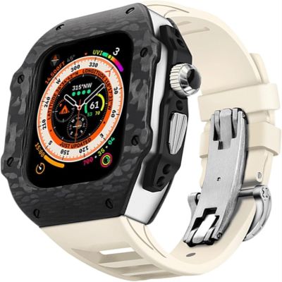 MAALYA Carbon Fiber Titanium Alloy Case Mod KitFor Apple Watch Ultra 8 49mm 7 45mm 6/5/4/SE 44mm SeriesRM Conversion Kit Sport Rubber Band Men Metal Watch Cover(White,44mm)