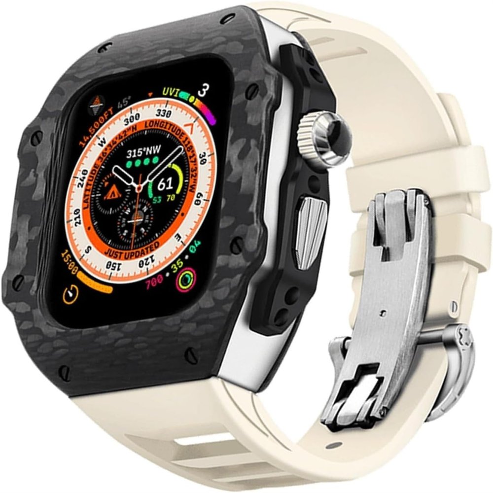 MAALYA Carbon Fiber Titanium Alloy Case Mod KitFor Apple Watch Ultra 8 49mm 7 45mm 6/5/4/SE 44mm SeriesRM Conversion Kit Sport Rubber Band Men Metal Watch Cover(White,44mm)