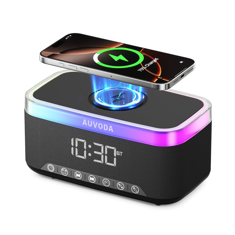 Auvoda S300 16W Stereo Portable Bluetooth Speaker with 15W Fast Wireless Charging, 13-Color Dimmable Night Light, White Noise, Alarm, FM Radio, BT5.3, TWS, for Home, Office, Bedroom (Black)