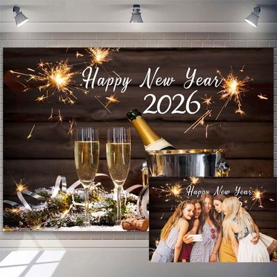 10x7ft 2026 Happy New Year Backdrop Champagne Glasses Fireworks Photography Background 2026 New Year Eve Party Decorations Supplies Christmas Family Dinner Winter Holiday Photo Booth Banner Props