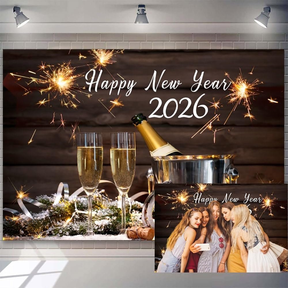 10x7ft 2026 Happy New Year Backdrop Champagne Glasses Fireworks Photography Background 2026 New Year Eve Party Decorations Supplies Christmas Family Dinner Winter Holiday Photo Booth Banner Props