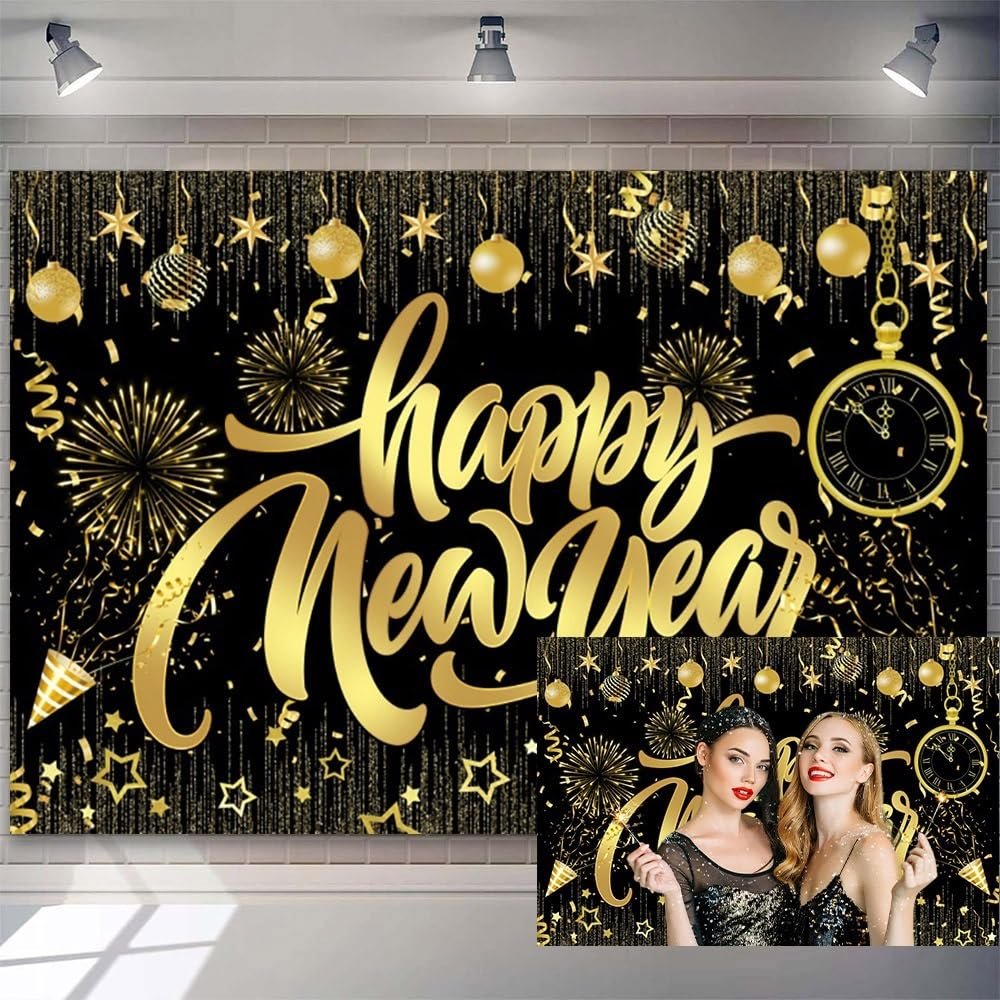 10x8ft 2026 Happy New Year Backdrop Black Gold Countdown Clock Fireworks Background for Photography Luxury New Year's Eve Party Decoration Banner Christmas Family Dinner Photo Booth Banner Props