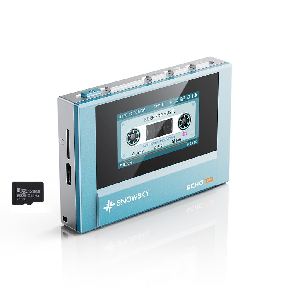 136G MP3 Player with Bluetooth, SnowSky/FiiO Echo MINI Music Player 15Hours Playback, Independent Volume Control with 3.5mm/4.4mm Headphones Outputs, up to 256GB(Sky Blue with SD Card)