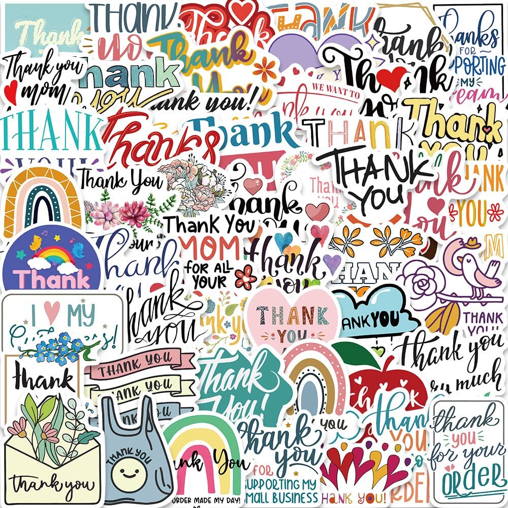 50Pcs Thank You Stickers Inspirational Vinyl Decals for Kids Boys Girls, Cute Stickers for Water Bottles Laptop Phone Scrapbook Guitar Luggage Skateboard DIY Collectors Lovers...(Thanks You)
