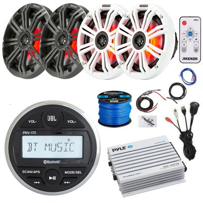 JBL PRV-175 Marine Gauge Style Bluetooth AM/FM Receiver, 4X 6.5 195 Watt Peak Power Multicolor LED Speakers, Charcoal and White Grilles, Wire, LED Remote, 4-Channel Amplifier w/Kit, USB Adapter
