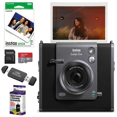 Fujifilm Instax WIDE EVO Hybrid Instant Film Camera Bundle, Includes INSTAX WIDE Instant Film (20 Exposures), SanDisk 32GB MicroSDHC Memory Card and More (5 Items)