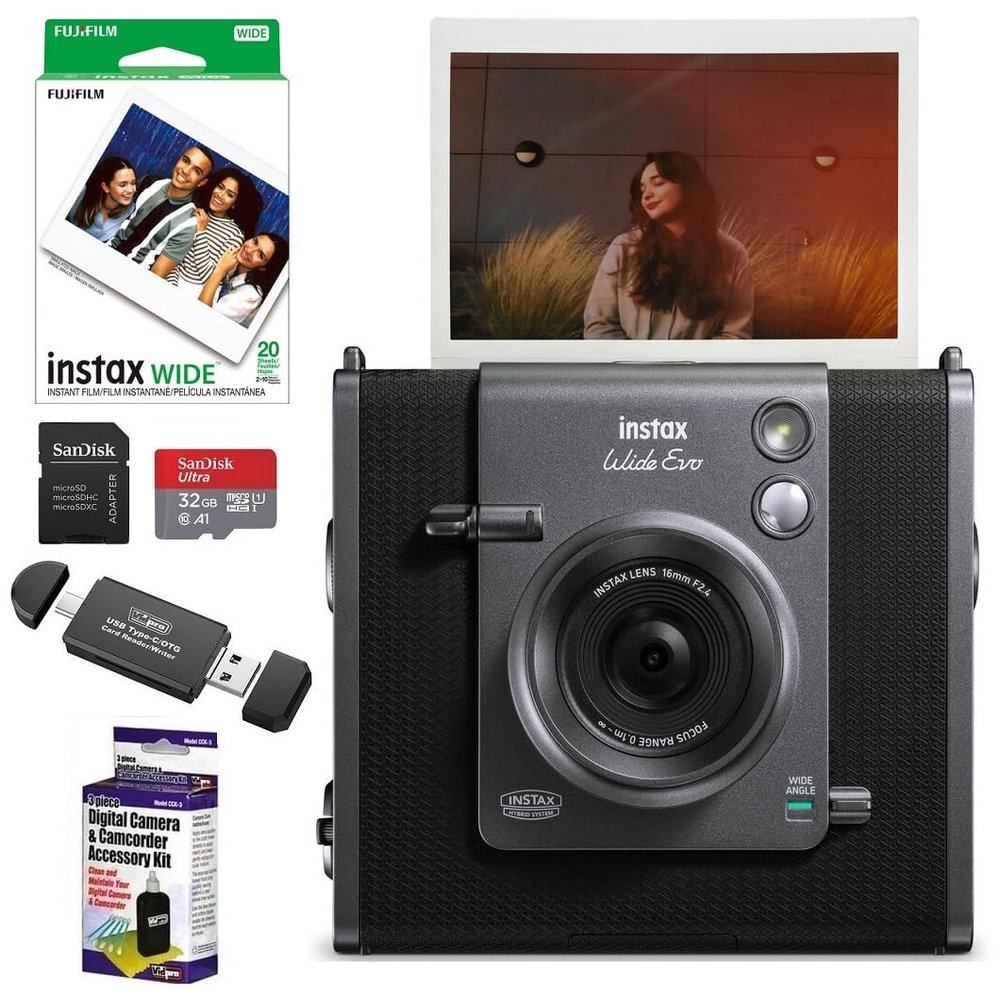 Fujifilm Instax WIDE EVO Hybrid Instant Film Camera Bundle, Includes INSTAX WIDE Instant Film (20 Exposures), SanDisk 32GB MicroSDHC Memory Card and More (5 Items)