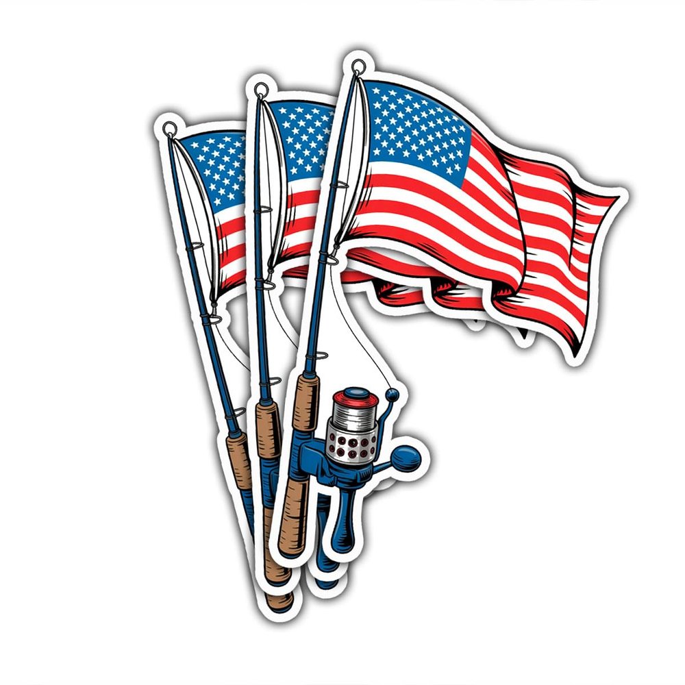 3 Pcs American Flag Fishing Rod Sticker  Patriotic Fishing Sticker for Laptop, Water Bottle, Car, Phone Case, Hard Hat Gift for Anglers & Fishermen (S1, 2 inch)