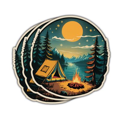 3 Pcs Night Camping Sticker  Vintage Tent and Campfire Scene Under Moon Vinyl Decal Waterproof for Laptop, Water Bottle, Cooler, Notebook, Car  Gift for Hikers, Campers, Nature Lovers (S1, 2 inch)