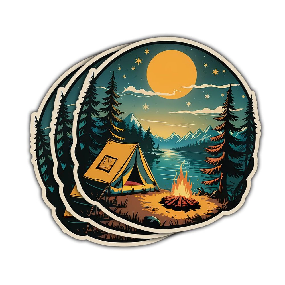 3 Pcs Night Camping Sticker  Vintage Tent and Campfire Scene Under Moon Vinyl Decal Waterproof for Laptop, Water Bottle, Cooler, Notebook, Car  Gift for Hikers, Campers, Nature Lovers (S1, 2 inch)