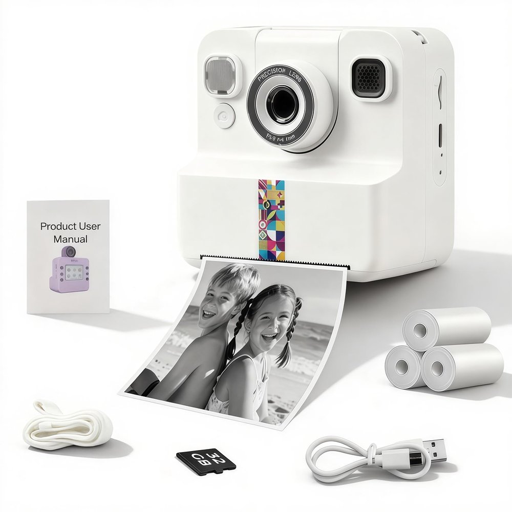 Cute Instant Print Camera for Kids  Perfect Birthday for Girls and Boys Age 3-12, Fun HD Digital Video Camera Toy with 32GB SD Card, (A30, White)