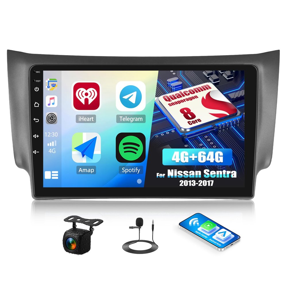 8 Core Qualcomm 4G+64G Android 15 Car Stereo for Nissan Sentra 2013-2017 with Wireless Carplay and Android Auto, 9 inch IPS Touchscreen Head Unit DSP Bluetooth 5.1 WiFi GPS SWC Backup Camera