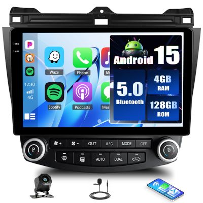 4+128G Android 15 Car Stereo for Honda Accord 2003-2007 with Wireless Carplay Android Auto, 10.1 inch 1280 * 720P IPS Touchscreen Bluetooth Car Radio Support GPS WiFi AHD Rear Camera FM RDS EQ SWC