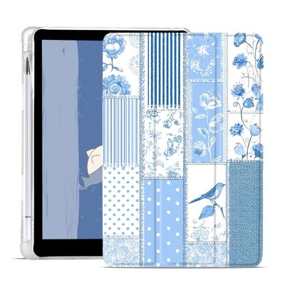 AdorableWhimsy Blue Patchwork Floral Case for iPad 9th/7th/8th Generation(2021/2020/2019 10.2 Inch) with Pencil Holder Aesthetic Vintage Design Trifold Stand Leather Protective Cover