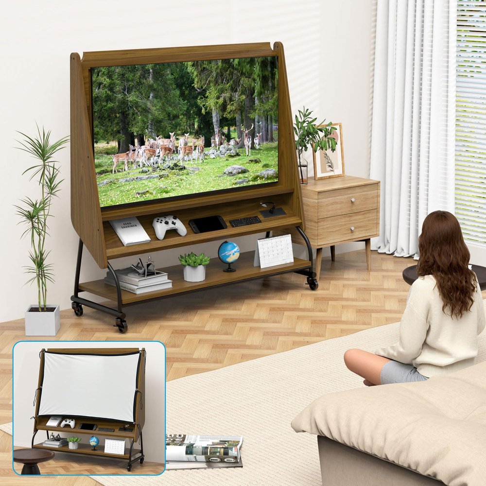 Anwick Portable Mobile TV Stand on Wheels for 32-50" TV(LCD LED OLED Flat Panel Screens Smartboard) Rolling TV Cart with Projector Screen & Power Outlets for Smell Space