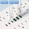 Surge Protector Power Strip 10 FT Flat Plug, 1875W/10A, 13 Multiple AC Outlets with 3 USB-A 3 USB C, One Touch Switch Button,Perfect for Home, Office, or Travel Use. White view 3