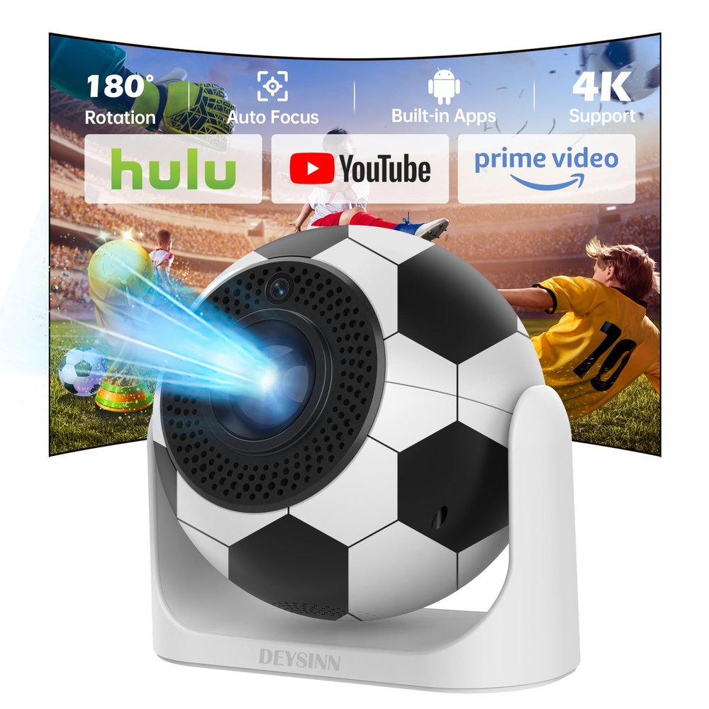Mini Projector with WiFi & Bluetooth, 1080P 4K Support Smart Projector Portable 180 Rotatable Football Auto Keystone Voice Remote Control, Movie Home Theater Outdoor Bedroom Use