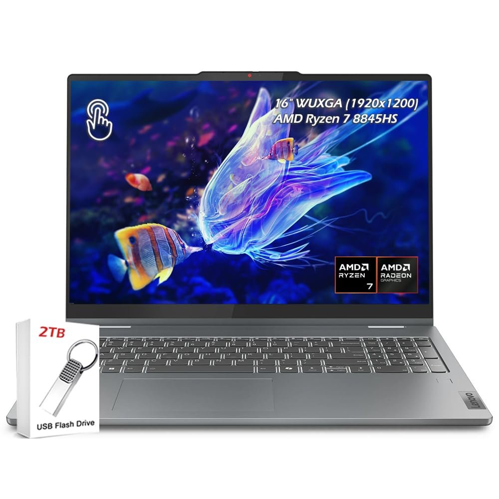 Lenovo IdeaPad 5 2-in-1-2025 - Professional Laptop - Fingerprint Sensor - 16" WUXGA IPS Display - 16GB Memory 1TB SSD - AMD Ryzen 7 8845HS - Windows 11 -Luna Grey, w/2TB USB Drive, W/GaLiMu