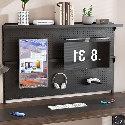 Clamp-On Steel Desk Pegboard with Dual Monitor Mounts, Adjustable Metal Organizer Board with Hooks & Movable Partition, Drill-Free Installation, Ergonomic Monitor Stand for Office & Gaming Desk