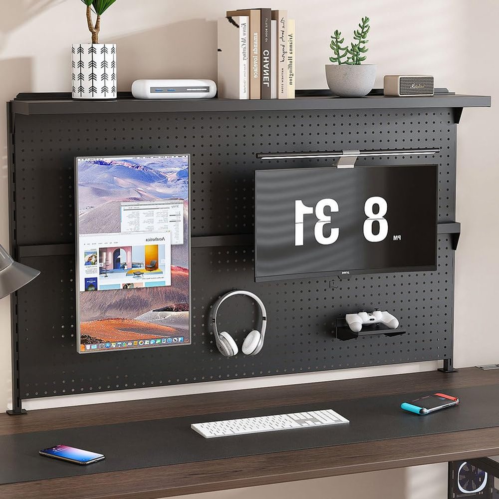 Clamp-On Steel Desk Pegboard with Dual Monitor Mounts, Adjustable Metal Organizer Board with Hooks & Movable Partition, Drill-Free Installation, Ergonomic Monitor Stand for Office & Gaming Desk