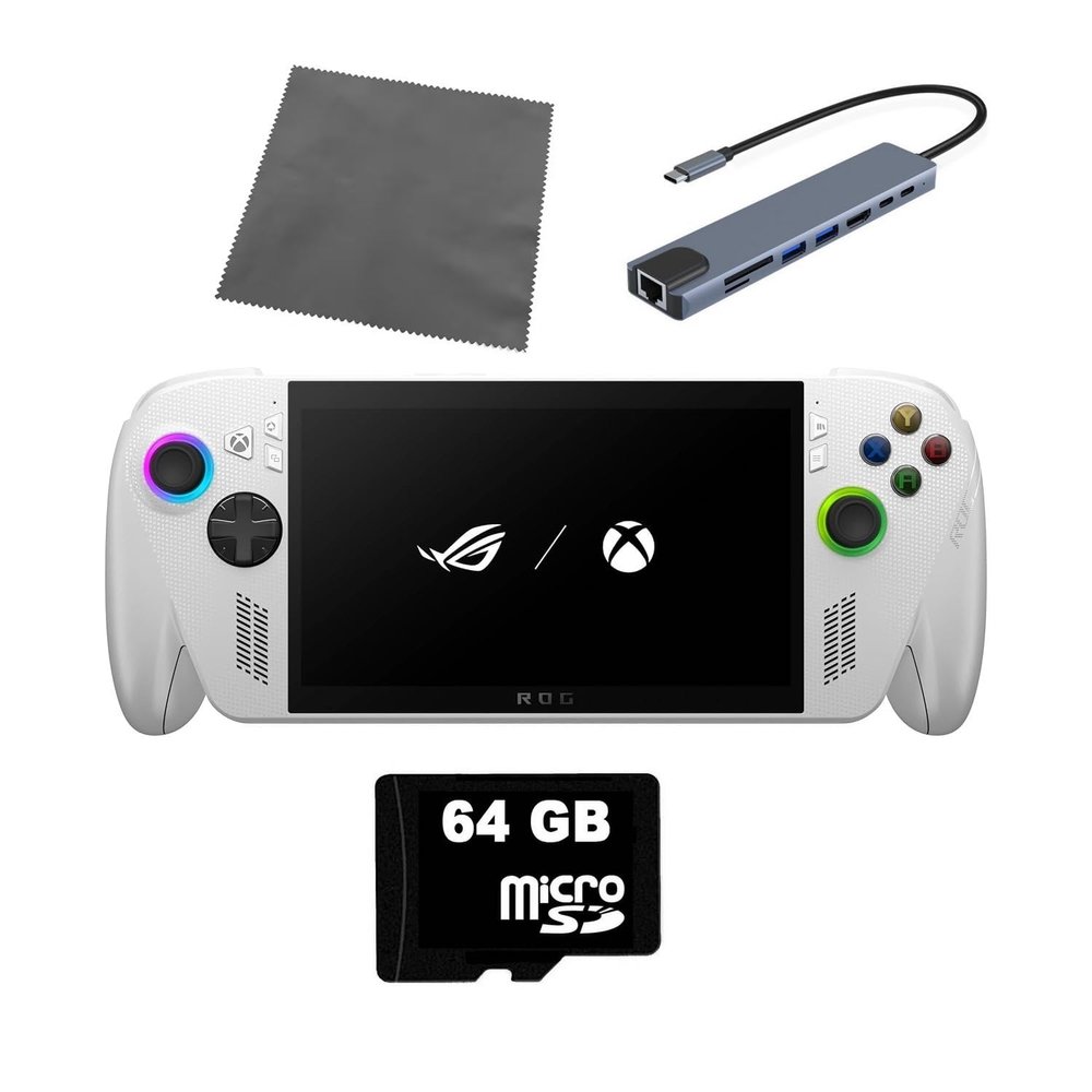 ASUS ROG Ally 2TB SSD AMD Ryzen Z2 A CPU Handheld Gaming Console 7-inch Touchscreen 120Hz, CyberEZQ 8 in 1 USB C Hub, 64GB MicroSD Card, 4 Accessories: 5 in 1 Bundle