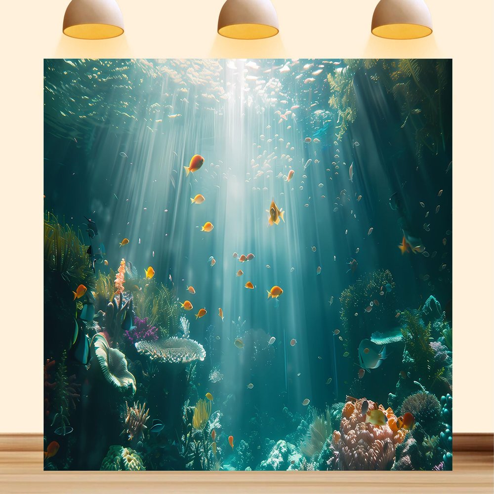 Shdasmil Under The Sea Backdrop Ocean Underwater World Photography Background Throwing into Relief Fish and Coral for Bar Mitzvah 8X8ft Fabric