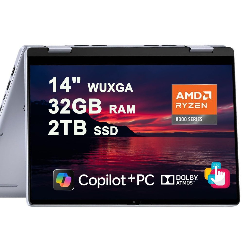 Dell Inspiron 14 7445 2-in-1 Laptop 14" WUXGA Comfortview Touchscreen AMD 6-core Ryzen 5 8640HS (>i7-1355U) 32GB RAM 2TB SSD Backlit for Creator Business Professional Work Win11