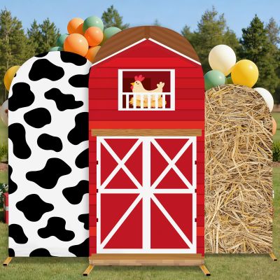 3Pcs Farm Theme Arch Backdrop Cover 4ft 5ft 6ft Red Farm Barn Cow Print Hay Bale Round Top Stretchy Arch Stand Covers Farm Animals Theme Photo Background for Birthday Baby Shower Party Decoration