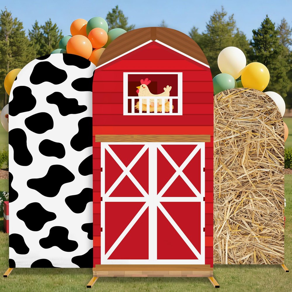 3Pcs Farm Theme Arch Backdrop Cover 4ft 5ft 6ft Red Farm Barn Cow Print Hay Bale Round Top Stretchy Arch Stand Covers Farm Animals Theme Photo Background for Birthday Baby Shower Party Decoration