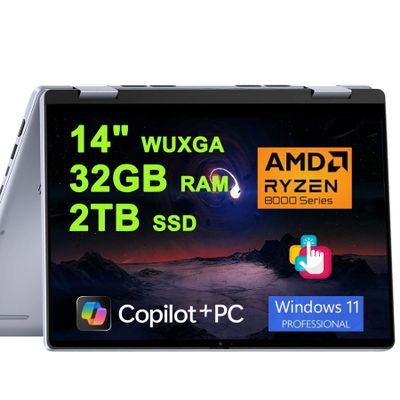 Dell Inspiron 14 7445 2-in-1 Laptop 14" WUXGA Comfortview Touchscreen AMD 6-core Ryzen 5 8640HS (>i7-1355U) 32GB RAM 2TB SSD Backlit for Creator Business Professional Win11Pro w/Copilot AI