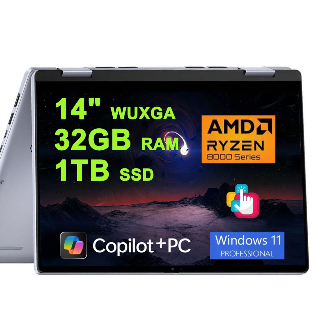 Dell Inspiron 14 7445 2-in-1 Laptop 14" WUXGA Comfortview Touchscreen AMD 6-core Ryzen 5 8640HS (>i7-1355U) 32GB RAM 1TB SSD Backlit for Creator Business Professional Win11Pro w/Copilot AI