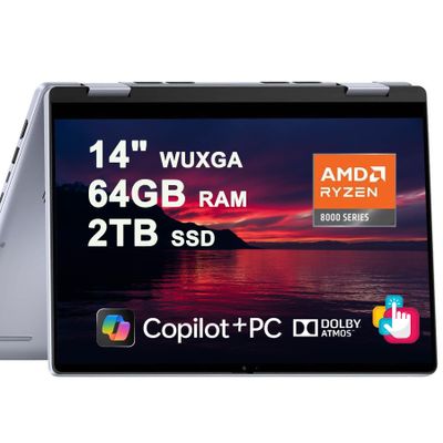 Dell Inspiron 14 7445 2-in-1 Laptop 14" WUXGA Comfortview Touchscreen AMD 6-core Ryzen 5 8640HS (>i7-1355U) 64GB RAM 2TB SSD Backlit for Creator Business Professional Work Win11