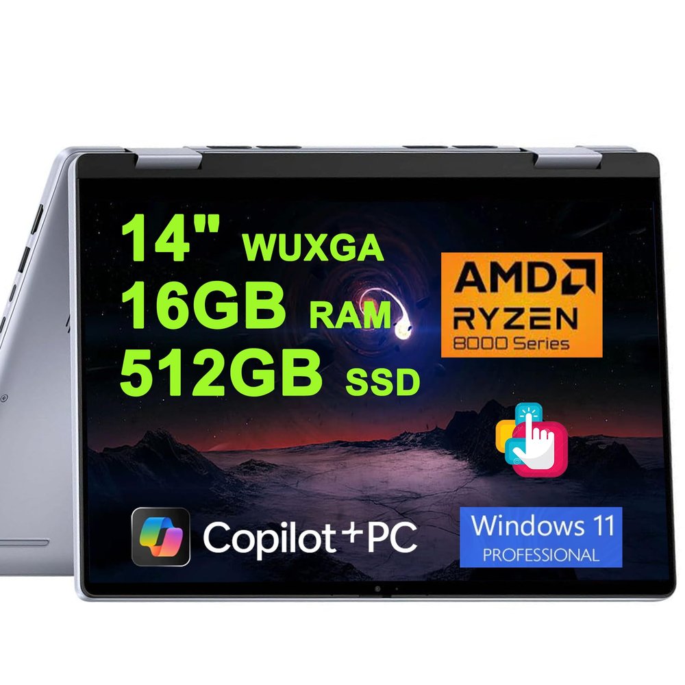 Dell Inspiron 14 7445 2-in-1 Laptop 14" WUXGA Comfortview Touchscreen AMD 6-core Ryzen 5 8640HS (>i7-1355U) 16GB RAM 512GB SSD Backlit for Creator Business Professional Win11Pro