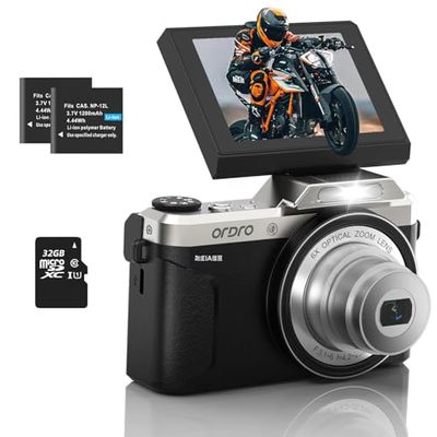 4K Digital Camera for Photography, 64MP WiFi Vlogging Camera for YouTube with 2.8" 180 Flip Screen, 6X Optical Zoom UHD Autofocus Video Camara with 32GB SD Card, 2 Batteries