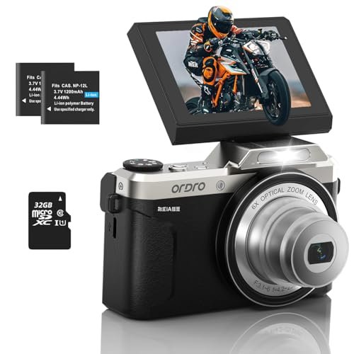 4K Digital Camera for Photography, 64MP WiFi Vlogging Camera for YouTube with 2.8" 180 Flip Screen, 6X Optical Zoom UHD Autofocus Video Camara with 32GB SD Card, 2 Batteries