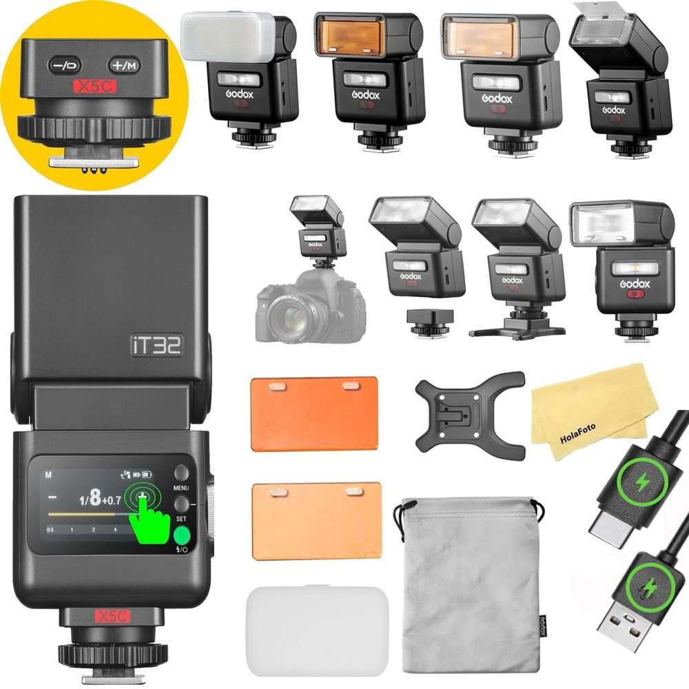 GODOX iT32 TTL Camera Flash with X5C Flash Trigger for Canon Camera,Magnetic Hotshoe & Trigger 2-in-1,Touch Color Screen,Rotatable Flash Head,LED Modeling Lamp,1.5s Recycle Time,510 Full Power Flashes