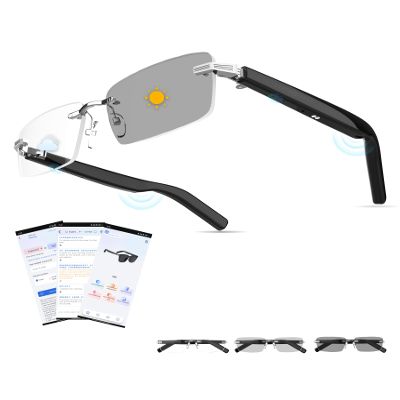 AI Smart Bluetooth Glasses for Men and Women with Chat GPT, Translation Glasses with 115 Languages and Rimless Photochromic Lens, Hands-Free Calls, UV Protection Translator Sunglasses for Music, work