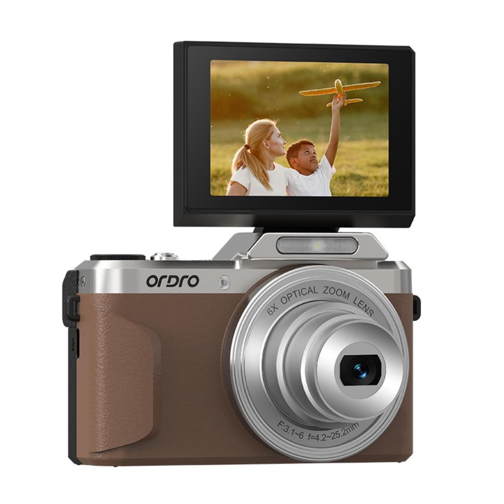 ORDRO Digital Camera, 4K Compact Camera, 6X Optical Zoom, 8MP Sensor, 2.8" 180 Flip Screen, Built-in Flash, WiFi, Suitable for Kids Teens Beginners