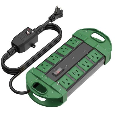 CCCEI GFCI Outdoor Power Strip Weatherproof with 8 AC, Waterproof Extension Cord with Multiple Outlets, Wall Mount Surge Protector Flat Plug, Christmas Exterior Garden, Yard, 25FT, Green.