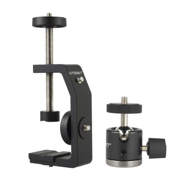 UTEBIT Super Clamp Mount with Mini Ball Head Mount, 1/4 Screw Hot Shoe Mount Adapter Camera Clamp Mount for Desk, Bicycle Gopro Clamp Mount Compatible for DJI Action 2/Insta360, Black (90mm)