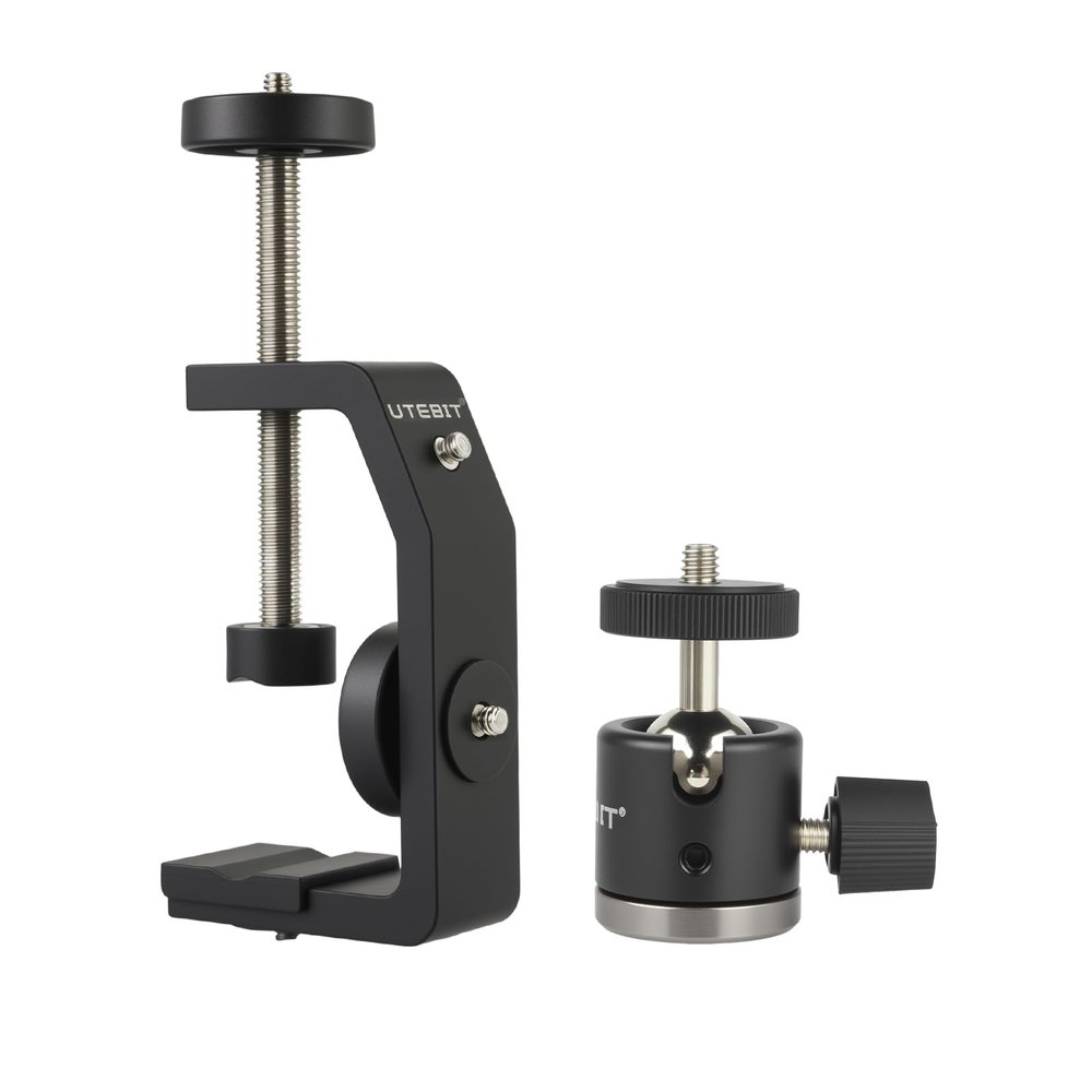 UTEBIT Super Clamp Mount with Mini Ball Head Mount, 1/4 Screw Hot Shoe Mount Adapter Camera Clamp Mount for Desk, Bicycle Gopro Clamp Mount Compatible for DJI Action 2/Insta360, Black (90mm)