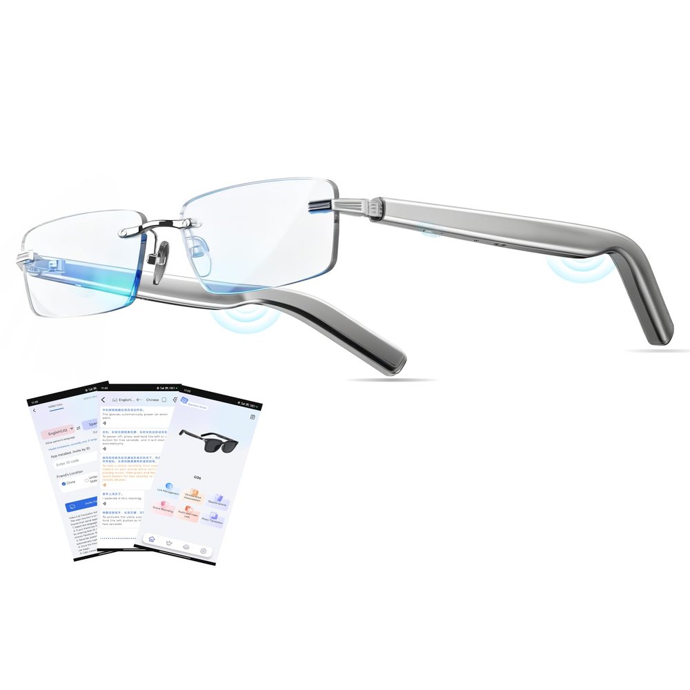 AI Smart Bluetooth Glasses for Men and Women with Chat GPT, Translation Glasses with 115 Languages and Rimless Blue Light Blocking Lens, Hands-Free Calls, Indoor Protection for Iphone Android Music