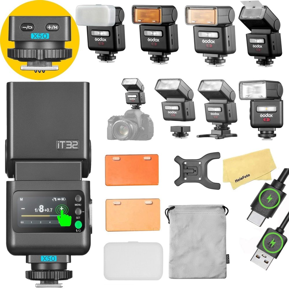 GODOX iT32 TTL Camera Flash with X5O Flash Trigger for Olympus Panasonic Cameras,Magnetic Hotshoe & Trigger 2-in-1,Touch Color Screen,Rotatable Flash Head,LED Modeling Lamp,1.5s Recycle Time