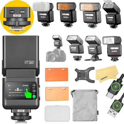 GODOX iT32 TTL Camera Flash with X5F Flash Trigger for Fuji Camera,Magnetic Hotshoe & Trigger 2-in-1,Touch Color Screen,Rotatable Flash Head,LED Modeling Lamp,1.5s Recycle Time,510 Full Power Flashes