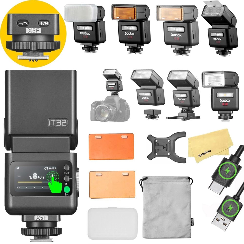 GODOX iT32 TTL Camera Flash with X5F Flash Trigger for Fuji Camera,Magnetic Hotshoe & Trigger 2-in-1,Touch Color Screen,Rotatable Flash Head,LED Modeling Lamp,1.5s Recycle Time,510 Full Power Flashes