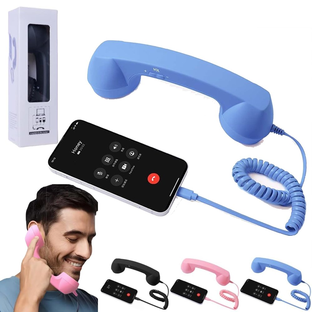 Retro Phone Handset for iPhone, 2026 New Retro Phone Handset for Mobile Phone, Tablet, Laptop, Headset with Comfortable Call, with Answer Button, Suitable for Elderly Parent (Blue, 3.5mm)