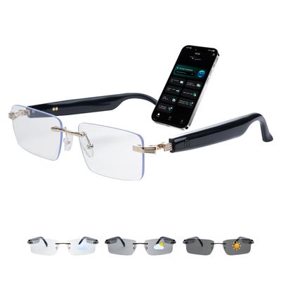 AI Smart Glasses for Men & WomenSpring-hinged Bluetooth 6.0 Smart Glasses with 164 Languages (Real-Time Translation), Photochromic LensFree AppRimless AI Translator Glasses for Work/Travel (Black